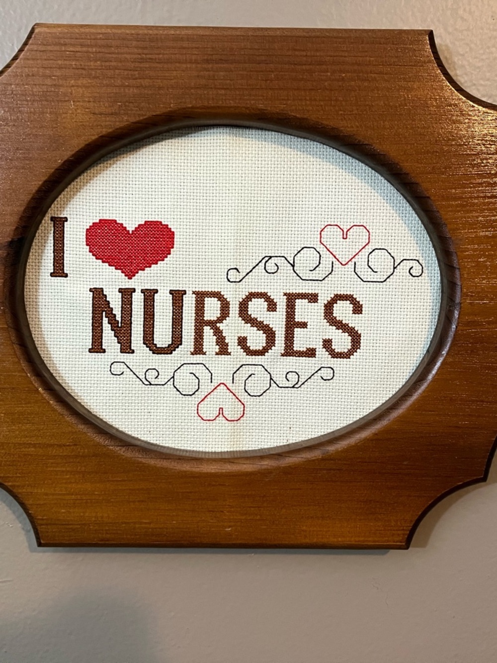 Vintage Frame and I Love Nurses Cross-Stitch Wall Decor - Brown & Red